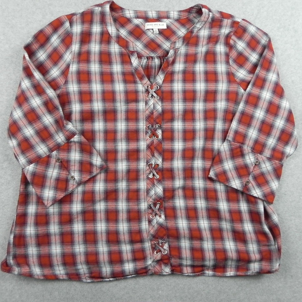 Skies Are Blue Shirt Top Womens 2X Plus Curvy V-Neck Laced Rust Plaid 3/4 Sleeve
